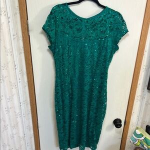 MARINA Green Sequin Sheath Dress Short Sleeve Wedding Guest